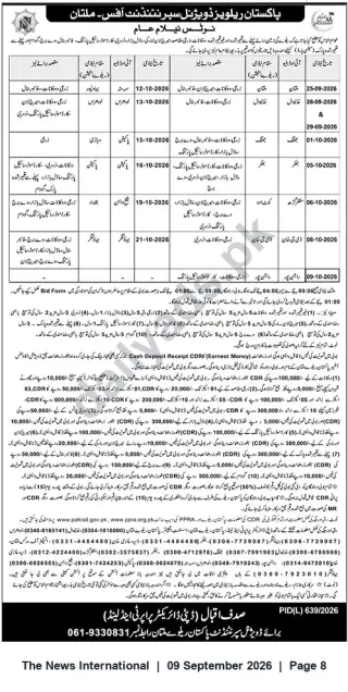 Newspaper clipping: Pakistan Railways Multan — Tender Notice for Multiple Works & Supplies (Sep–Oct 2026), The News International, 09 Sep 2026