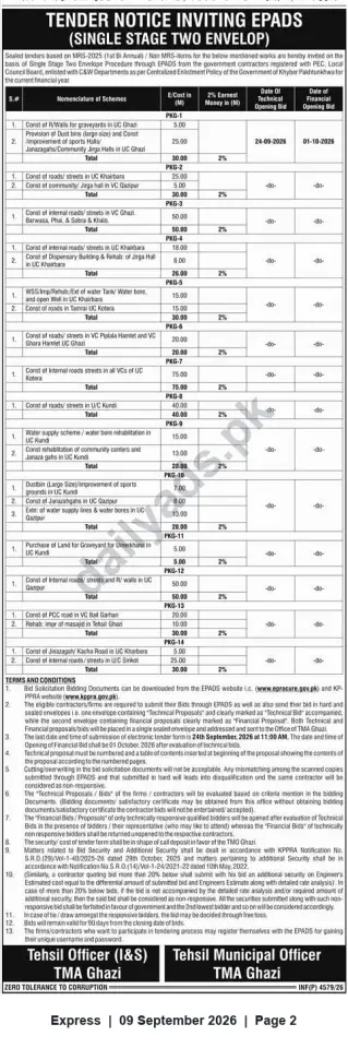 Newspaper clipping: TMA Ghazi Tender Notice — Multiple Civil Works Packages (EPADS) | Bids Due 2026-09-24, Express, 09 Sep 2026