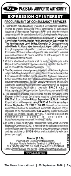 Newspaper clipping: EOI: Consultancy Services for Pedestrian Bridge, Concourse Extension & Allied Works at Allama Iqbal International Airport, Lahore, The News International, 09 Sep 2026