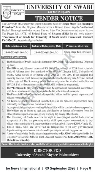 Newspaper clipping: Tender: Procurement of Goods under Framework Contract FY-2026-27 — University of Swabi, The News International, 09 Sep 2026