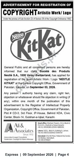 Newspaper clipping: Copyright Registration Notice: NESTLE KITKAT Logo — Société des Produits Nestlé S.A., Express, 09 Sep 2026
