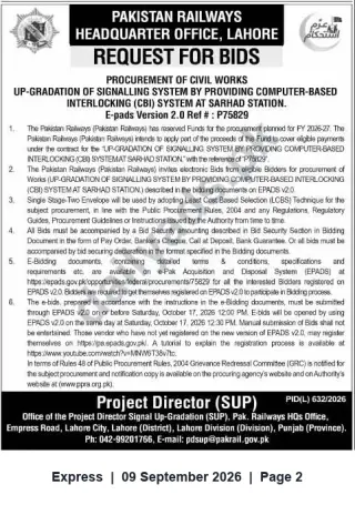 Newspaper clipping: Pakistan Railways Tender – CBI Signalling Upgradation at Sarhad Station (Ref P75829), Express, 09 Sep 2026