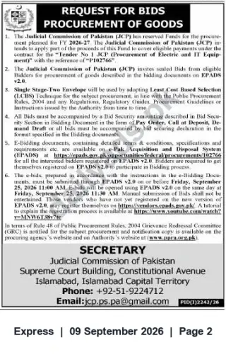 Newspaper clipping: JCP Tender: Procurement of Electric and IT Equipment (Tender No 1 JCP, P102766), Express, 09 Sep 2026