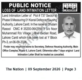 Newspaper clipping: Lost Land Intimation Letter for Plot 737, Sector M Phase 5 — DHA Lahore Cantt, The Nation, 09 Sep 2026