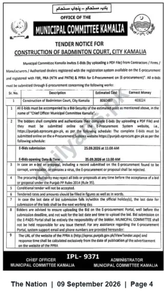 Newspaper clipping: Tender: Construction of Badminton Court – Municipal Committee Kamalia, The Nation, 09 Sep 2026