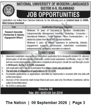 Newspaper clipping: Research Associate (Partnership & Industry Engagement Officer) – NUML Islamabad (Contract), The Nation, 09 Sep 2026