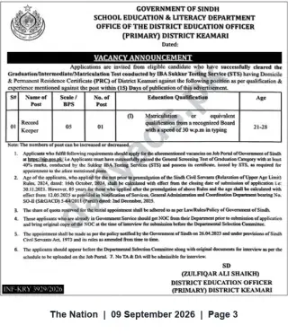 Newspaper clipping: Vacancy: Record Keeper (BPS-05) - District Education Officer (Primary), Keamari, Sindh, The Nation, 09 Sep 2026