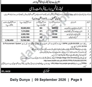 Newspaper clipping: BISE Lahore Tender Notice — Sale of Four Properties/Lots (E‑Procurement Bids Invited), Dunya, 09 Sep 2026