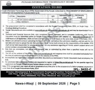 Newspaper clipping: PITB Invitation to Bid – Procurement of Miscellaneous Hardware for Makerspace Punjab (EGOV-12-R), Nawa-i-Waqt, 09 Sep 2026