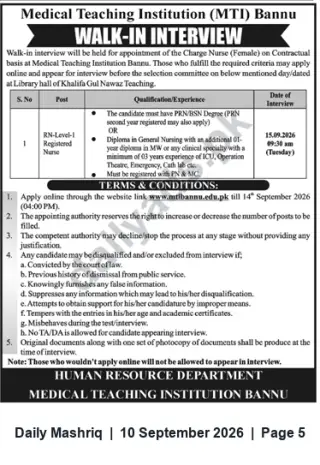 Newspaper clipping: MTI Bannu Walk-in Interview — Charge Nurse (Female) (Apply by 2026-09-14), Daily Mashriq, 10 Sep 2026
