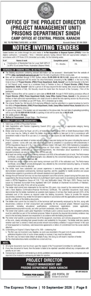 Newspaper clipping: Sindh Prisons (PMU) Invites Tenders for Construction of Residential Blocks at Central Prison Hyderabad, The Express Tribune, 10 Sep 2026