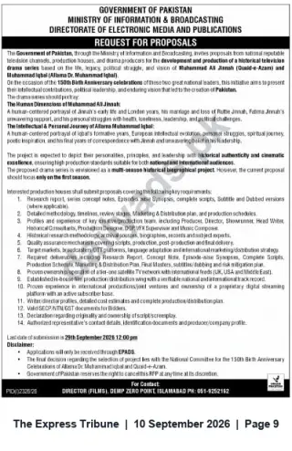 Newspaper clipping: Government of Pakistan RFP: Production of Historical Television Dramas on Quaid‑e‑Azam and Allama Iqbal, The Express Tribune, 10 Sep 2026