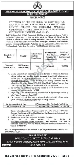 Newspaper clipping: Tender: Venue & Catering Services for Collective Marriages — Social Welfare & Bait ul Maal, Dera Ghazi Khan (FY 2026-27), The Express Tribune, 10 Sep 2026