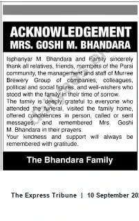Newspaper clipping: Acknowledgement: Bhandara Family Thanks Supporters on Passing of Mrs. Goshi M. Bhandara, The Express Tribune, 10 Sep 2026