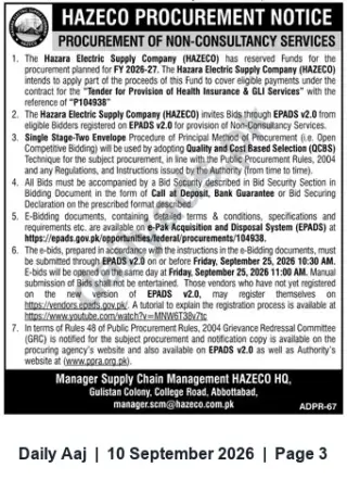 Newspaper clipping: HAZECO Tender: Provision of Health Insurance & GLI Services (Ref: P104938), Daily Aaj, 10 Sep 2026