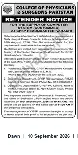 Newspaper clipping: CPSP Re-tender for Supply of Customized Computer System — CPSP Headquarters Karachi, Dawn, 10 Sep 2026