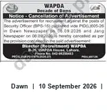 Newspaper clipping: WAPDA Cancels Recruitment Advertisement for Security Officer (BPS-16), Dawn, 10 Sep 2026