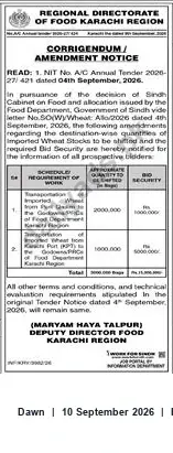 Newspaper clipping: Corrigendum: Imported Wheat Quantities & Bid Security — NIT A/C Annual Tender 2026-27/421 (Karachi), Dawn, 10 Sep 2026