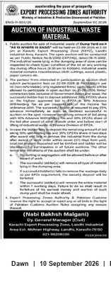 Newspaper clipping: EPZA Auction: Industrial Waste Material at Karachi Export Processing Zone, Dawn, 10 Sep 2026