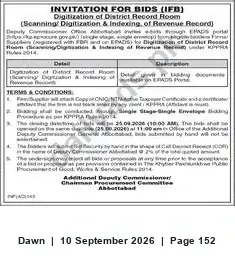 Newspaper clipping: Tender: Digitization (Scanning & Indexing) of District Record Room — Abbottabad, Dawn, 10 Sep 2026