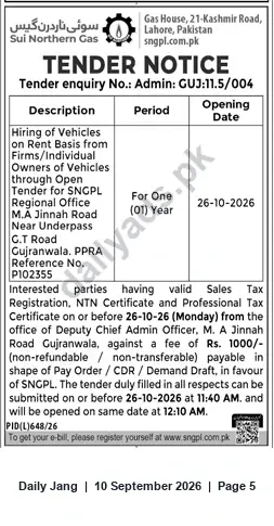 Newspaper clipping: SNGPL Tender: Hiring Vehicles on Rent for Gujranwala Regional Office (1 Year), Jang, 10 Sep 2026