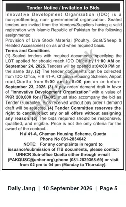 Newspaper clipping: Tender: Supply of Livestock Materials (Poultry, Goat/Sheep & Accessories) — IDO Quetta, Jang, 10 Sep 2026