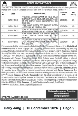 Newspaper clipping: Tender: Home Solar Systems (PSDP Projects) — DG (North), Energy Department, Balochistan, Jang, 10 Sep 2026