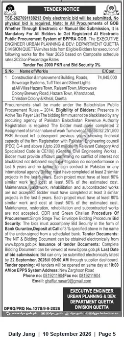 Newspaper clipping: Tender: Construction & Improvement Works (Buildings, Roads, Sewerage & Street Lighting) — Quetta, Jang, 10 Sep 2026