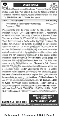 Newspaper clipping: Tender: Procurement of Medicines for Rheumatology Department — Sandeman Provincial Hospital Quetta, Jang, 10 Sep 2026
