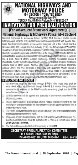 Newspaper clipping: NHMP M-4 Sector‑I Invitation for Prequalification — Tender No. 01/NHMP/store/M-4/S1/2026-27, The News International, 10 Sep 2026
