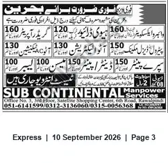Newspaper clipping: Immediate Recruitment for Bahrain — SUB CONTINENTAL Manpower (Rawalpindi), Express, 10 Sep 2026