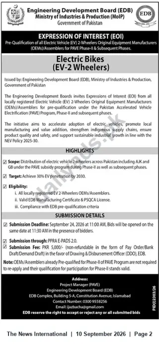 Newspaper clipping: EDB Expression of Interest: Pre‑Qualification of Electric Bikes (EV‑2 Wheelers) for PAVE Phase‑II, The News International, 10 Sep 2026