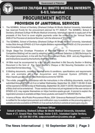 Newspaper clipping: Tender Notice: Provision of Janitorial Services — Shaheed Zulfiqar Ali Bhutto Medical University (School of Dentistry), Islamabad, The News International, 10 Sep 2026