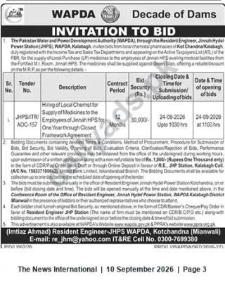 Newspaper clipping: WAPDA JHPS Tender: Supply of Medicines (Local Purchase) — Closing 2026-09-24, The News International, 10 Sep 2026