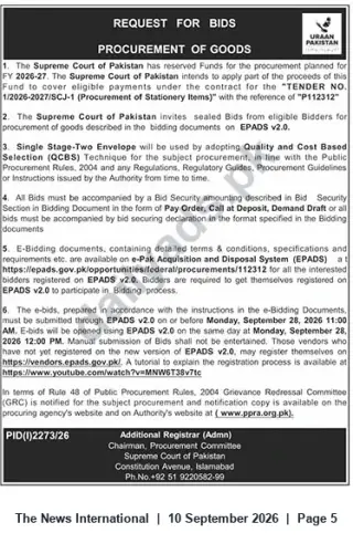 Newspaper clipping: Supreme Court of Pakistan — Request for Bids (Procurement of Stationery Items), The News International, 10 Sep 2026