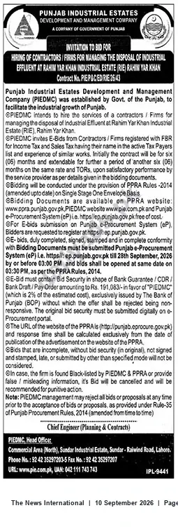 Newspaper clipping: PIEDMC Tender — Disposal of Industrial Effluent at Rahim Yar Khan Industrial Estate, The News International, 10 Sep 2026