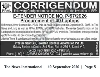Newspaper clipping: Corrigendum: PRAL E-Tender P-57/2026 – Procurement of 40 Laptops, The News International, 10 Sep 2026