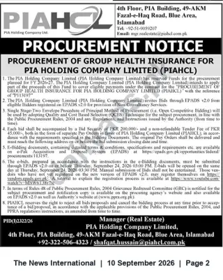 Newspaper clipping: PIA Holding Company Limited – Procurement Notice for Group Health Insurance (FY 2026-27), The News International, 10 Sep 2026