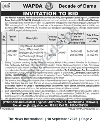 Newspaper clipping: WAPDA JHPS Tender: Hire Local Chemist for Supply of Medicines (One-Year Framework), The News International, 10 Sep 2026