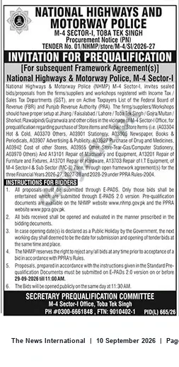 Newspaper clipping: NHMP M-4 Sector-I Prequalification Tender for Store Purchases & Repair Services (Framework 2026-29), The News International, 10 Sep 2026