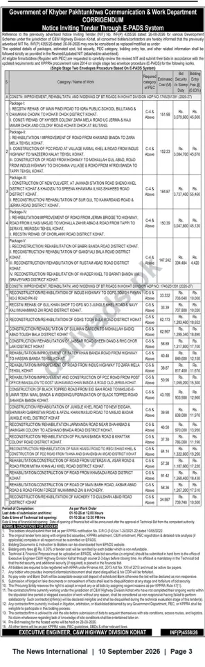 Newspaper clipping: Khyber Pakhtunkhwa C&W Kohat — Tenders for Road Improvement, Rehabilitation & Widening (E‑PADS) — Deadline 2026-10-01, The News International, 10 Sep 2026