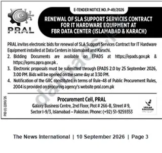 Newspaper clipping: PRAL E-Tender: Renewal of SLA Support Services for IT Hardware at FBR Data Centers (Islamabad & Karachi), The News International, 10 Sep 2026
