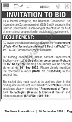 Newspaper clipping: GIZ Pakistan Invitation to Bid: Procurement of Tools for TVET G-230 Construction Project (BANF No. 10051501), The News International, 10 Sep 2026