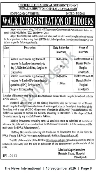 Newspaper clipping: Walk‑in Registration of Bidders for Medicines, Surgical & Disposables — Benazir Bhutto Hospital Rawalpindi, The News International, 10 Sep 2026