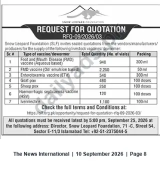 Newspaper clipping: Snow Leopard Foundation RFQ for Livestock Vaccines & Dewormer (RFQ-09/2026/03), The News International, 10 Sep 2026