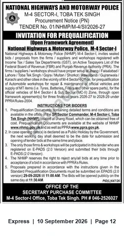Newspaper clipping: NHMP M-4 Sector-I Invitation for Prequalification — Automobile Workshops & MT Suppliers (2026-27 to 2028-29), Express, 10 Sep 2026