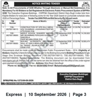 Newspaper clipping: Notice Inviting Tenders — CWPP&H Buildings Department, District Dera Bugti (22 Sep 2026), Express, 10 Sep 2026