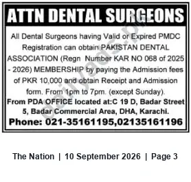 Newspaper clipping: Pakistan Dental Association Membership Enrollment — Karachi, The Nation, 10 Sep 2026
