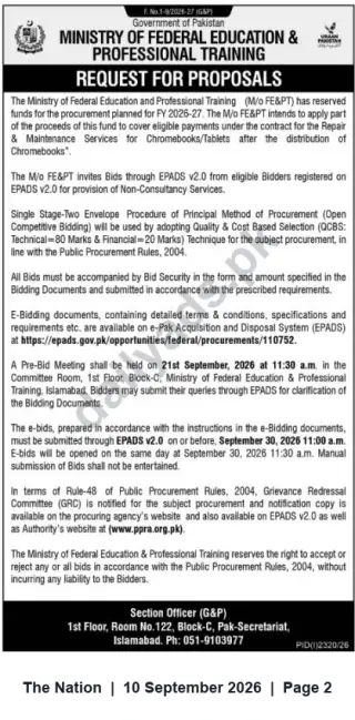 Newspaper clipping: Ministry of Federal Education & Professional Training RFP — Repair & Maintenance Services for Chromebooks/Tablets, The Nation, 10 Sep 2026