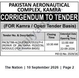 Newspaper clipping: PAC Kamra Corrigendum: Tender PACB/786-A/26203004/0533/P-4 for Repair of Antenna Pedestal Module, The Nation, 10 Sep 2026